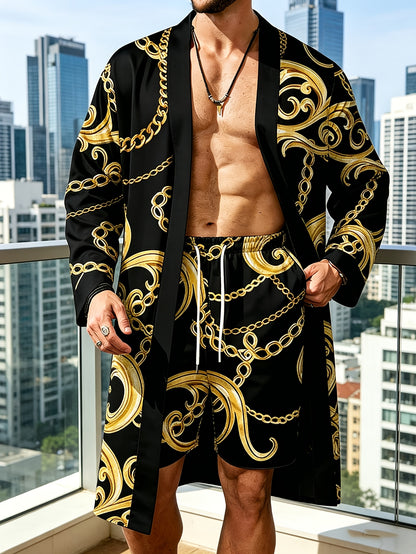 Plus Size Men's Baroque Chain Print Long Shawl Casual Suit 100% Polyester, Luxury Golden Scroll Print KimonoStyle Cardigan And Shorts Set, Regular Fit, Casual Spring Summer Fall Vacation & Beach Resort Wear, PLUS SIZE