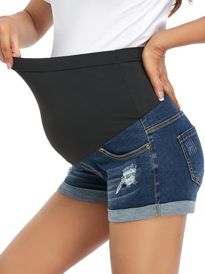 Women's Maternity Jean Shorts Over Belly Ripped Roll Up Hem Stretchy Denim Shorts Clothes For Summer Pregnancy