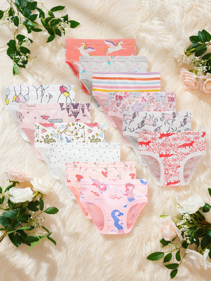 A Dozen Sets of Soft And Airy Girls' Underwear Featuring Designs Like Dolphins, Unicorns, Dancing Girls, Foxes, Balloons, Castles, Stripes, Flowers, Pegasus, And More, Perfect for Both Kids And Children