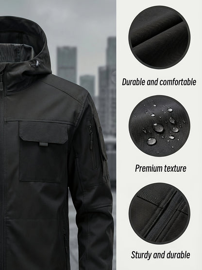 Men's Windproof Outdoor Jacket - Heavy-Duty Full-Zip Hooded Coat with Zippered Pockets, Scratch-Resistant Shell for Hiking, Camping, Hunting (Belt Included) Adjustable Hood -All-in-One Outdoor Shell Coat for Camping Essentials, Rugged Design, Durable