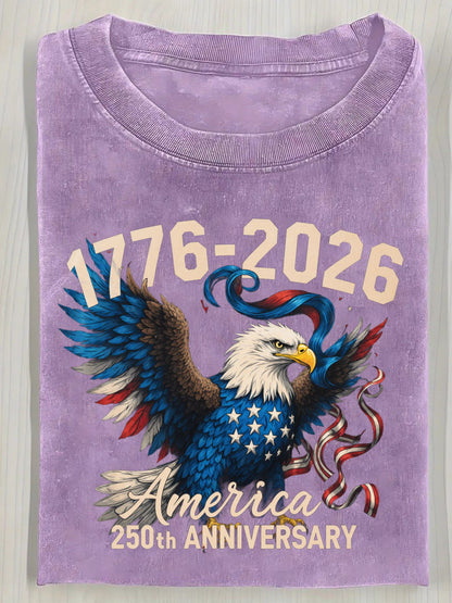 Washed Cotton T-Shirt 1776-2026 American Flag Eagle Pattern T-Shirt, Vintage Distressed Style 250th Anniversary American Celebration T-Shirt- Casual Crew Neck Pure Cotton T-Shirt, Breathable Comfortable American Independence Day Commem Washed Cotton