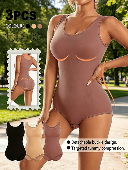 3pcs Women Sleeveless Tank Top Shapewear Bodysuit, U Neck Tummy Control Waist Cincher Shaping Body Shaper, High Stretch Breathable Sculpting Bodysuits Postpartum Body Shaping Underwear