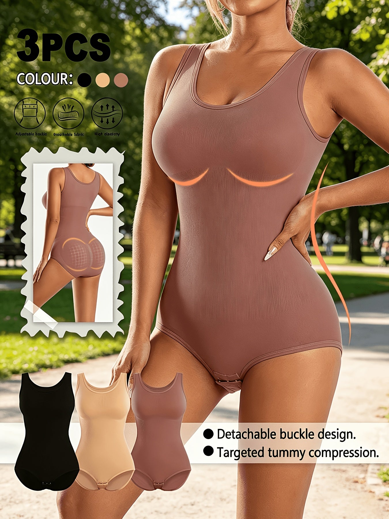 3pcs Women Sleeveless Tank Top Shapewear Bodysuit, U Neck Tummy Control Waist Cincher Shaping Body Shaper, High Stretch Breathable Sculpting Bodysuits Postpartum Body Shaping Underwear