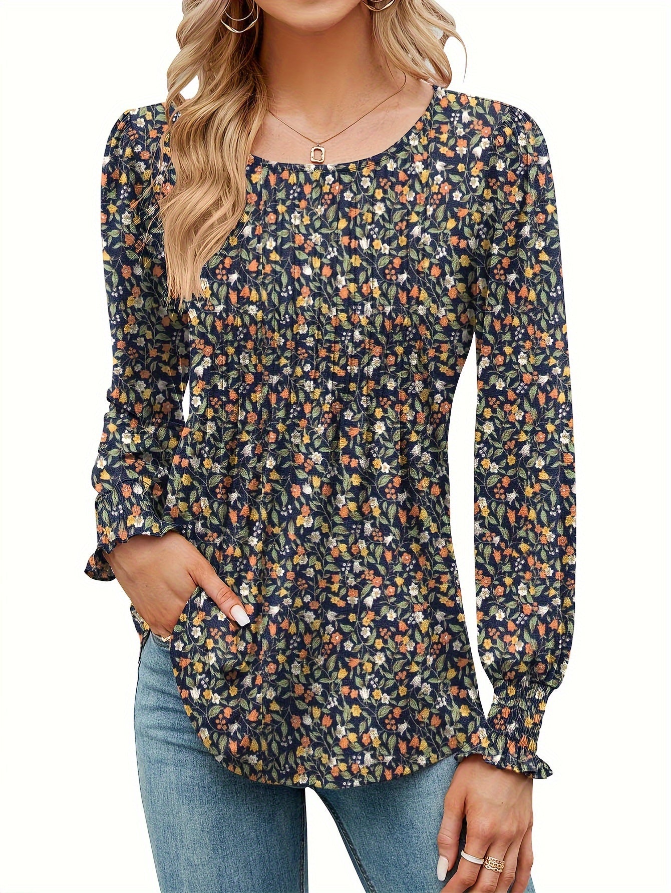 Women's Casual Fall Floral Round Neck Puff Sleeve Tunic Long Sleeve Top Pleated Loose And Versatile T-Shirt