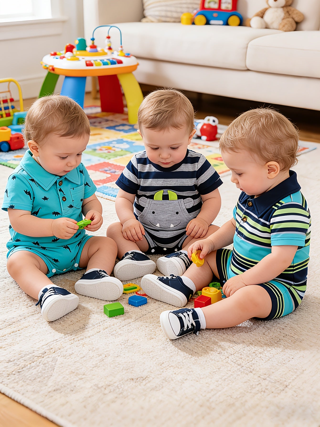 3pcs Baby Boy Summer New Cute Casual Collar Cool Little Monster Striped Jumpsuit 3pcs Set for Boys' Clothes, Perfect for Outdoor
