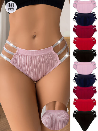 10 PCS Hot-item Ladies Hollowed-out Shiny Belt Briefs, Comfortable Breathable Soft Elegant Fashion Sexy Panties, Romantic Dating Daily Wear, Ladies Sexy Lingerie And Pantie