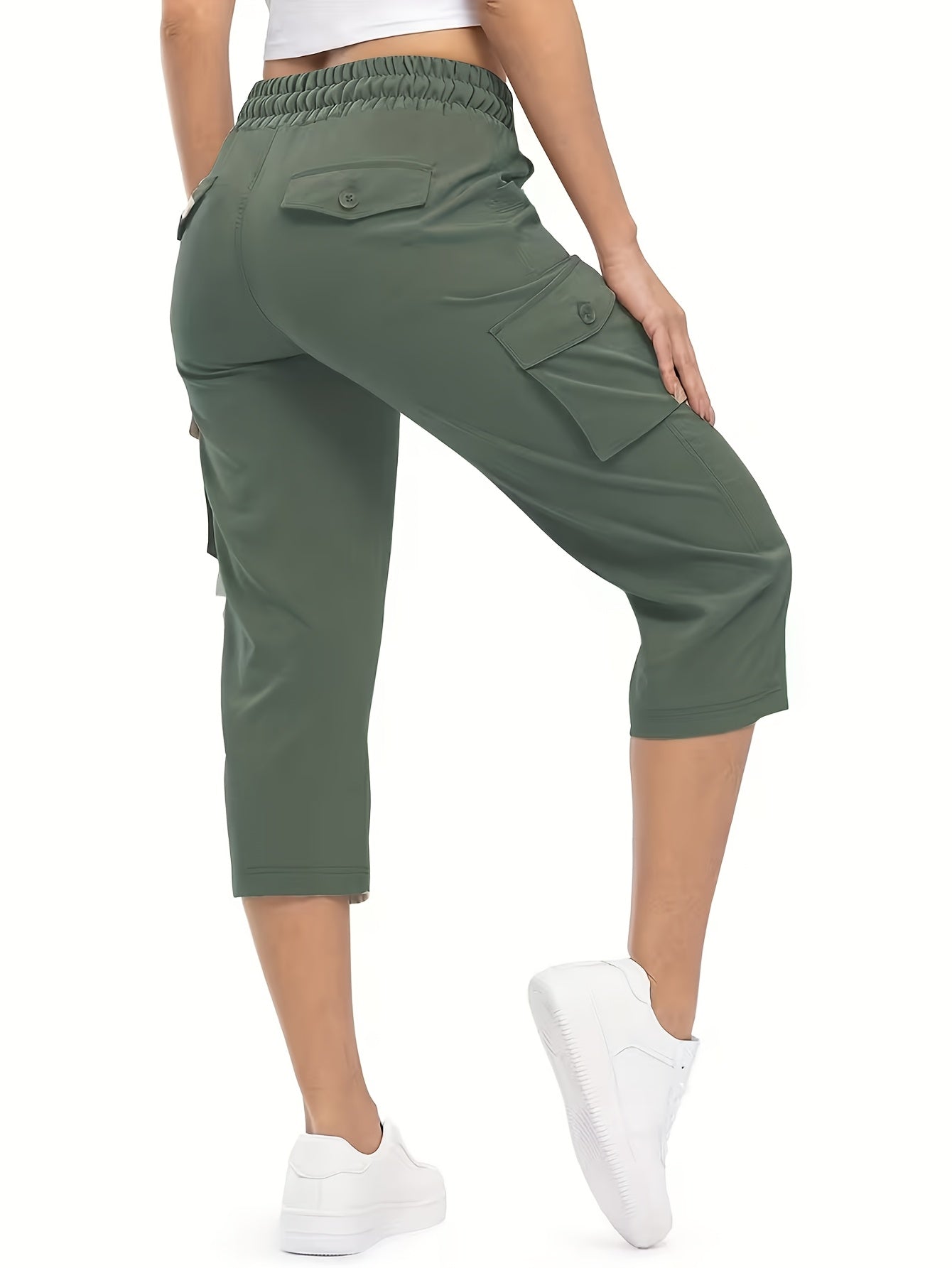 3pcs Women'S Fashionable Cargo Capri Pants for Summer, with Elastic Waistband And Pockets - Casual Sports Capri Pants, Breathable Blend