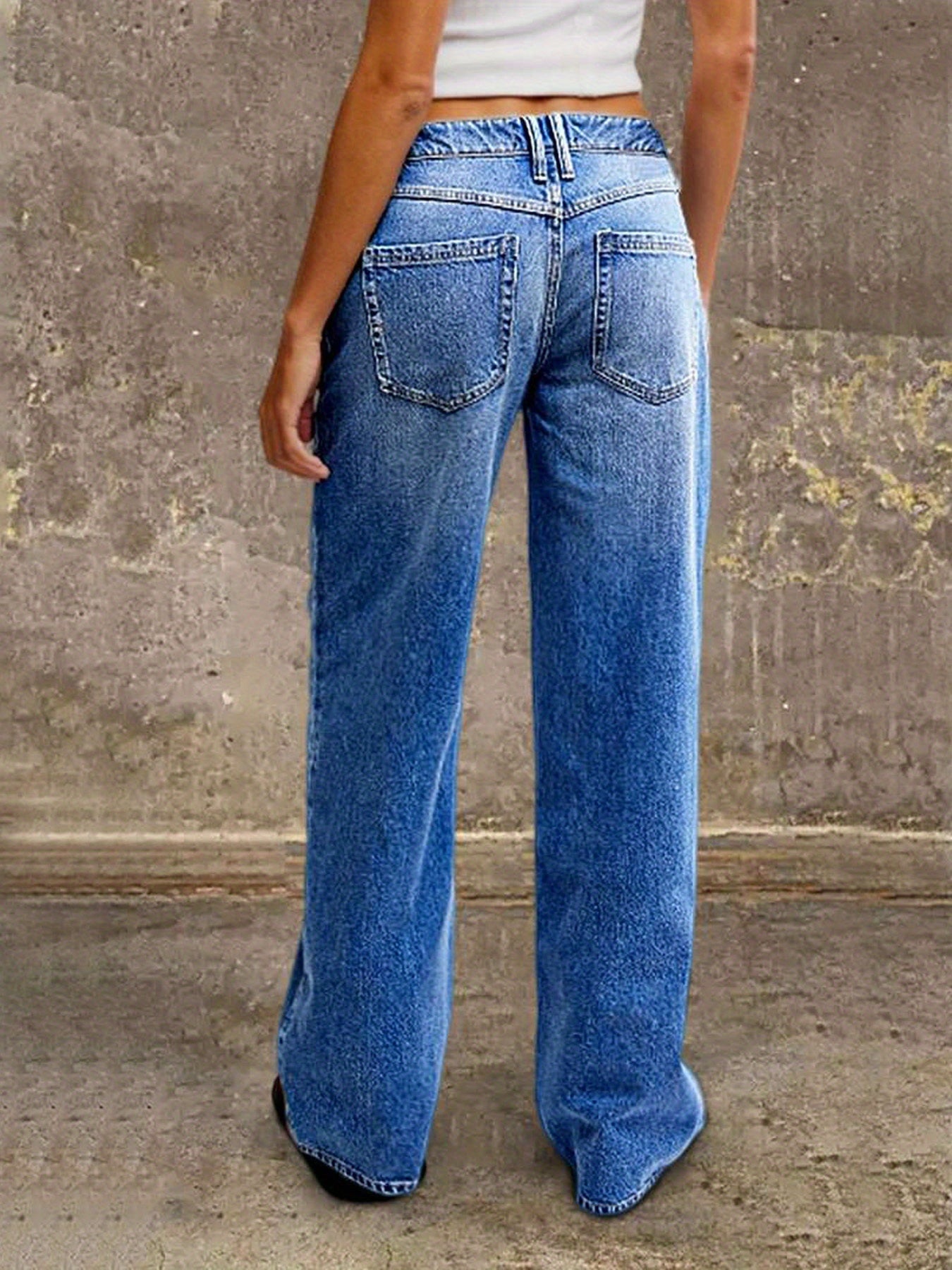New Four Seasons Jeans|Classic Blue Washed Denim. Vintage Wide-leg Jeans Women's High-street Topstitch Back Pocket Casual Trousers Women's Clothing