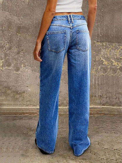 New Four Seasons Jeans|Classic Blue Washed Denim. Vintage Wide-leg Jeans Women's High-street Topstitch Back Pocket Casual Trousers Women's Clothing