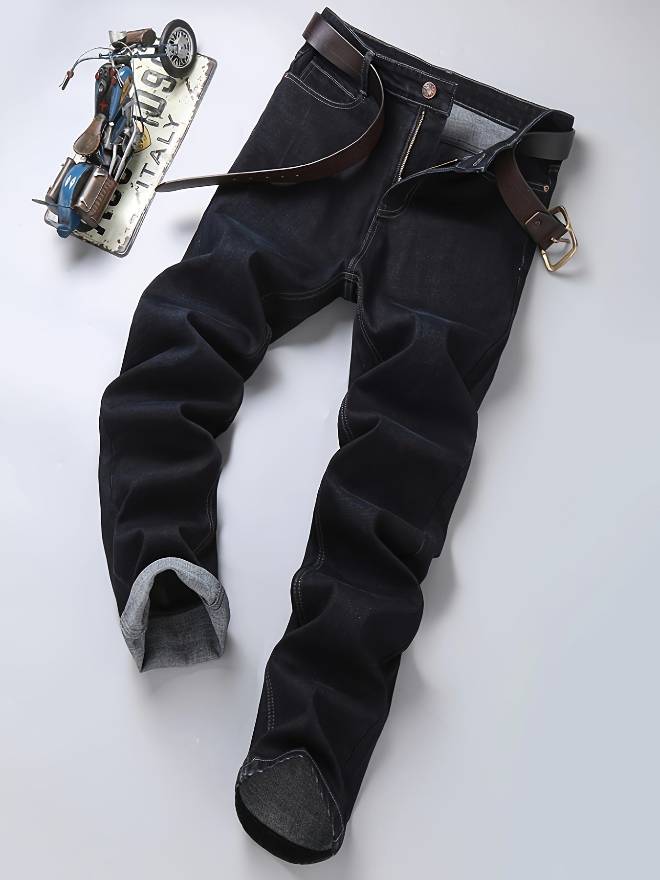 Men's Classic Straight-Leg Stretch Denim Jeans - Water-Washed Black Casual & Business Casual Pants, All-Season Machine Washable Regular Fit