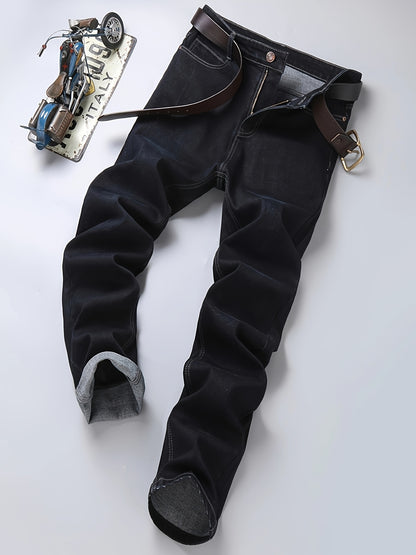 Men's Classic Straight-Leg Stretch Denim Jeans - Water-Washed Black Casual & Business Casual Pants, All-Season Machine Washable Regular Fit