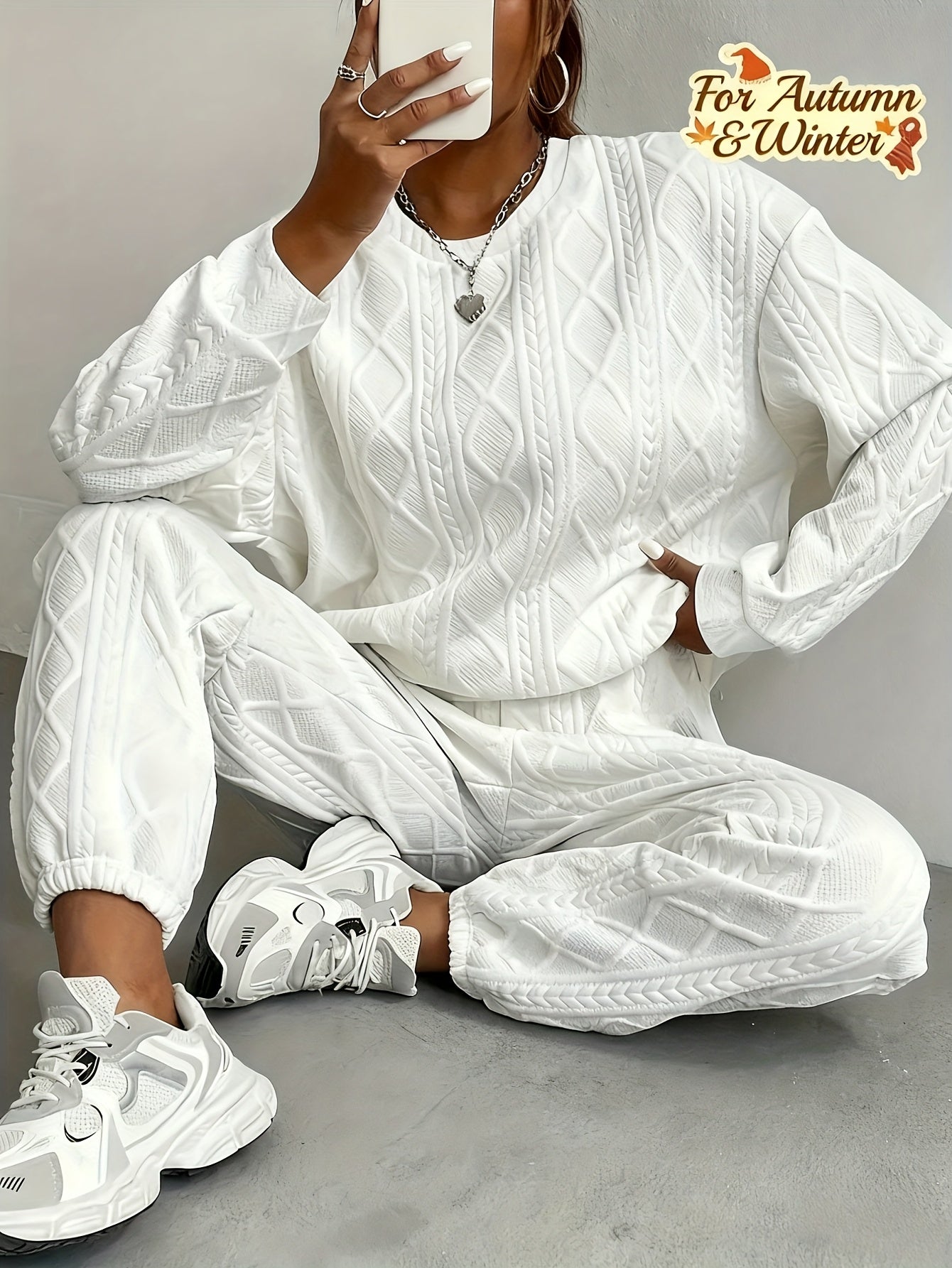 Women'S Sweatshirt Ensemble for Autumn/Winter 2025 - Featuring a Solid Color, Cable Patchwork, Long Sleeve Crew Neck Top And Cuffed Pants in a Two-Piece Outfit, Including a Pullover And Sweater, Perfect for Christmas And Fall
