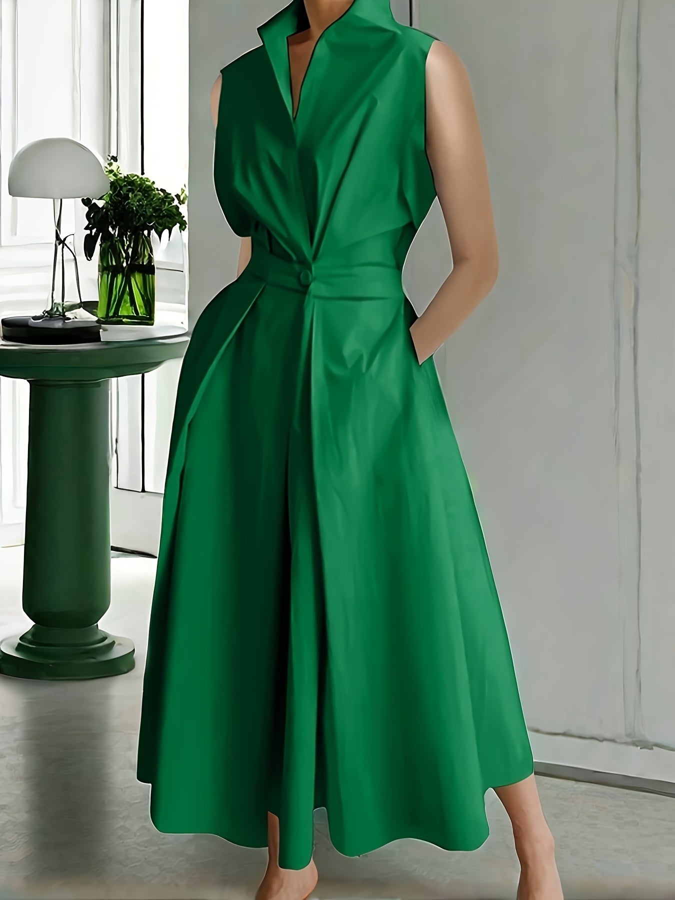 Sleeveless Solid Color Lapel Long Dresses Midi Dresses