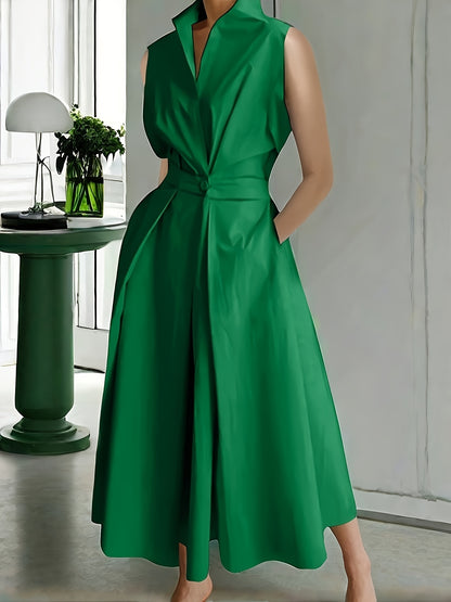 Sleeveless Solid Color Lapel Long Dresses Midi Dresses