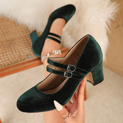 Women's Elegant Velvet Mary Jane High Heels with Chunky Heel & Double Straps - Round Toe Closed-Toe Dress Shoes for Weddings, Christmas, Professional Events, and Formal Occasions, Dressy Shoes, Wedding Guest Footwear, Synthetic Cover Insole
