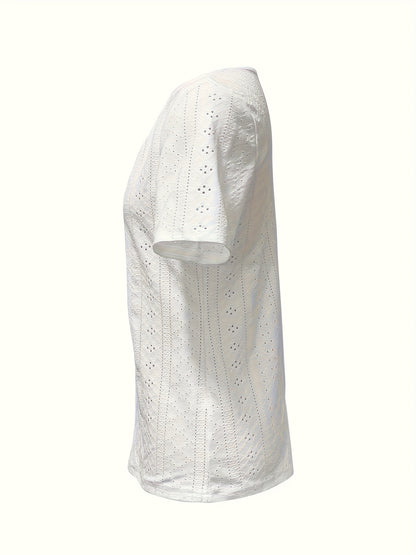 Short-Sleeved T-Shirt for Women with Button Embellishments, Featuring a Stylish Solid Color V-Neck, Made from Breathable with High Elasticity, And a Semi-Transparent Jacquard Design, Perfect for Spring And Summer