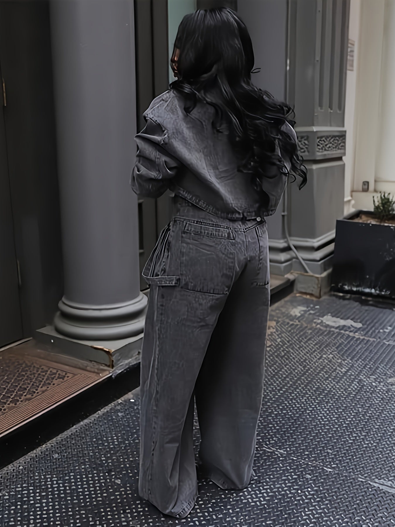 Womens Two Piece Sets Denim Outfit Ruched Long Sleeve Zip Up Cropped Jean Jacket Wide Leg Pants Chic Set