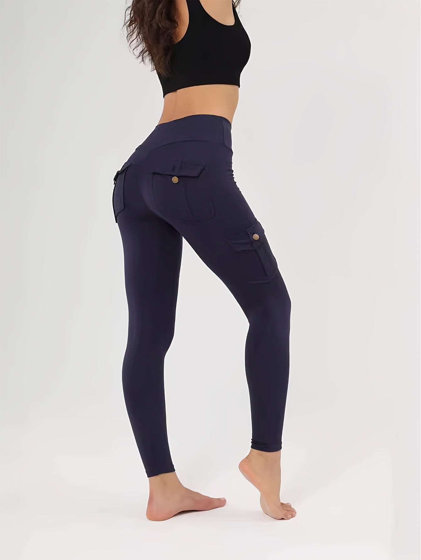 1pc High-Waisted Cargo Pocket Yoga Pants, Stretchy Skinny Sports Leggings, Quick-Dry Running Workout Pants, Butt Lifting, Street Style, Women's Fitness Trousers