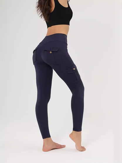 1pc High-Waisted Cargo Pocket Yoga Pants, Stretchy Skinny Sports Leggings, Quick-Dry Running Workout Pants, Butt Lifting, Street Style, Women's Fitness Trousers
