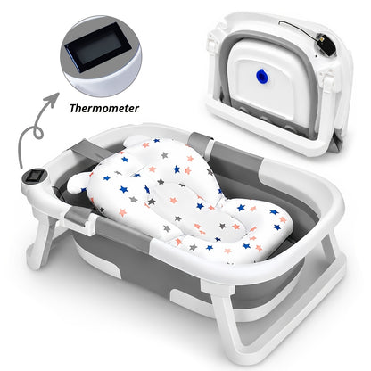 Cochildor Collapsible Baby Bathtub, Baby Bath Tub with Soft Cushion & Thermometer, Baby Bathtub for Newborn to Toddler 0-36 Months, Portable Travel Baby Tub, Easy-Clean Plastic, Pink And Gray/Blue, Bathtub for Baby, Playful Design, Easy-Grip Handles