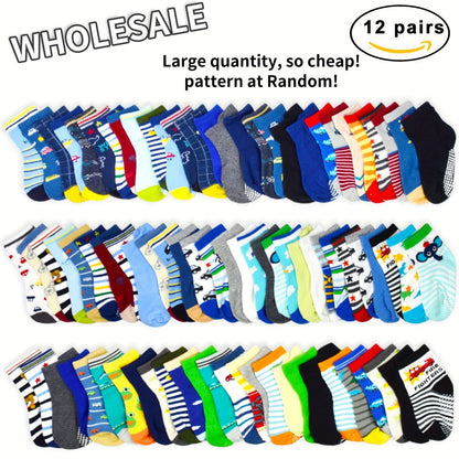 Kids' Assorted Non-Slip Crew Socks - 12/24-Pair Options