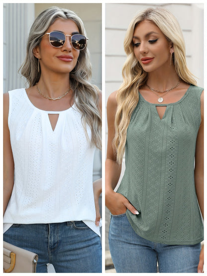 Women's Two-Piece Summer Tank Top Set - Sleeveless Eyelet Embroidery, Loose Fit, Business Casual Tops for Work & Everyday Wear[Women's Two-Piece Summer Tank
