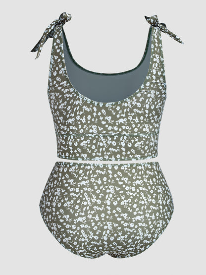 1set MOXDO Plus Size Floral Print Tankini Swimsuit Set, Casual Knit Polyester Beachwear with Tie Detail, High Stretch Fabric, Two-Piece Swimwear