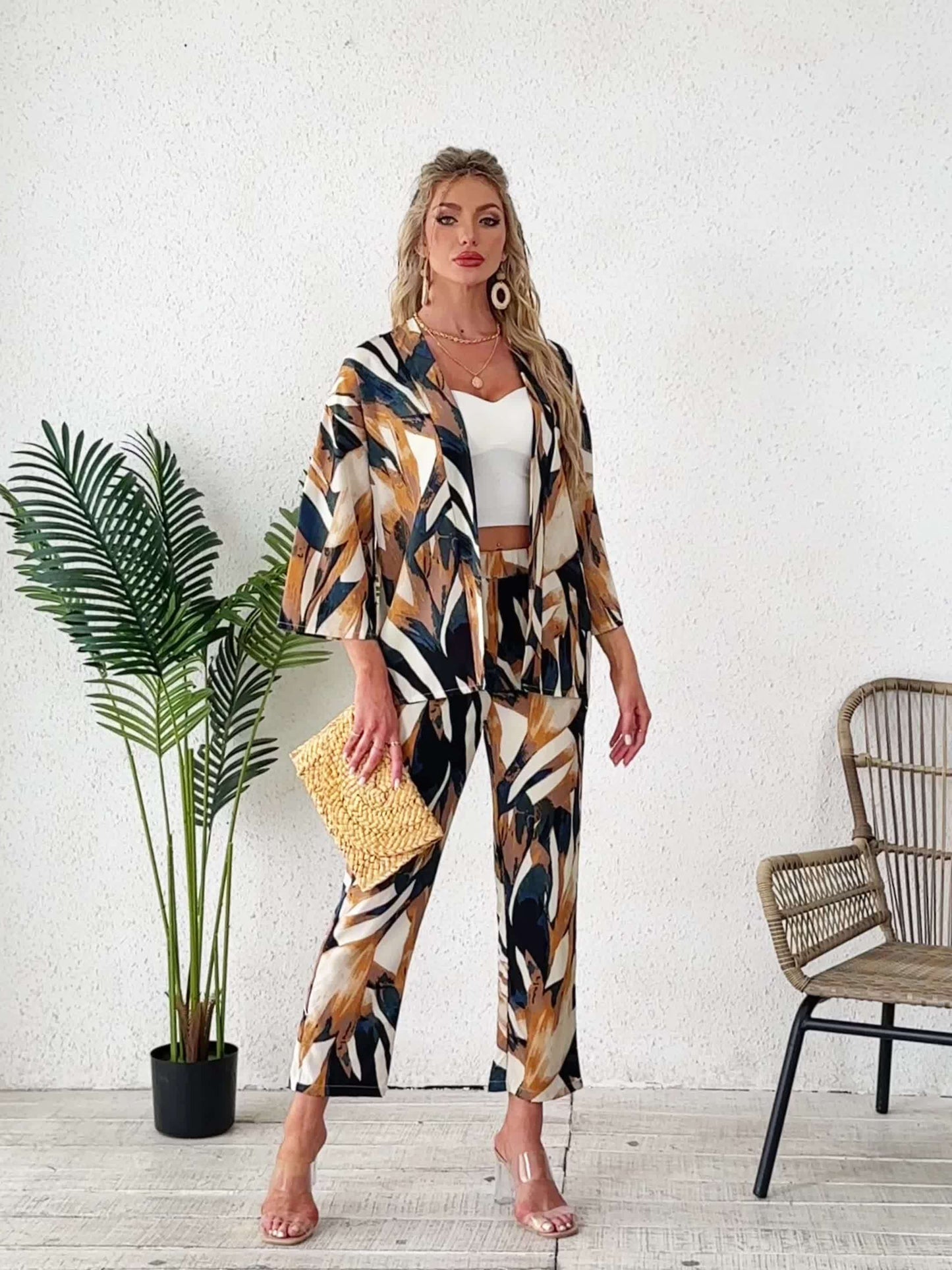 [ Cloud Orientation ] Women'S Elegant Leaf Print Two Piece Set