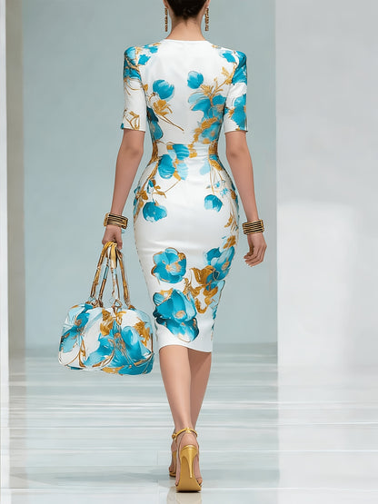 Women's Teal & Golden Floral Bodycon Midi Dress, Elegant Half-Sleeve Pencil Dress with Print, Perfect for Wedding Guest, Office & Party
