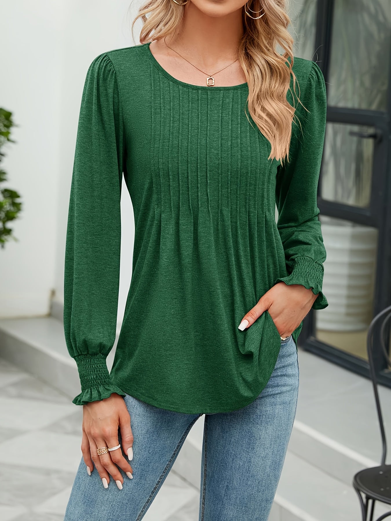 Women'S Autumn Puff Long Sleeve Tunic Tops Pleated Crew Neck Shirts Blouses Casual Loose T-Shirts