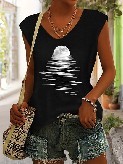 Women's Breathable Rayon V-Neck T-Shirt - Moon & Water Print H-Line Fitted Beach Top, Short Sleeve Casual Summer Blouse for Vacation, Machine Washable Spring/Summer Outfits