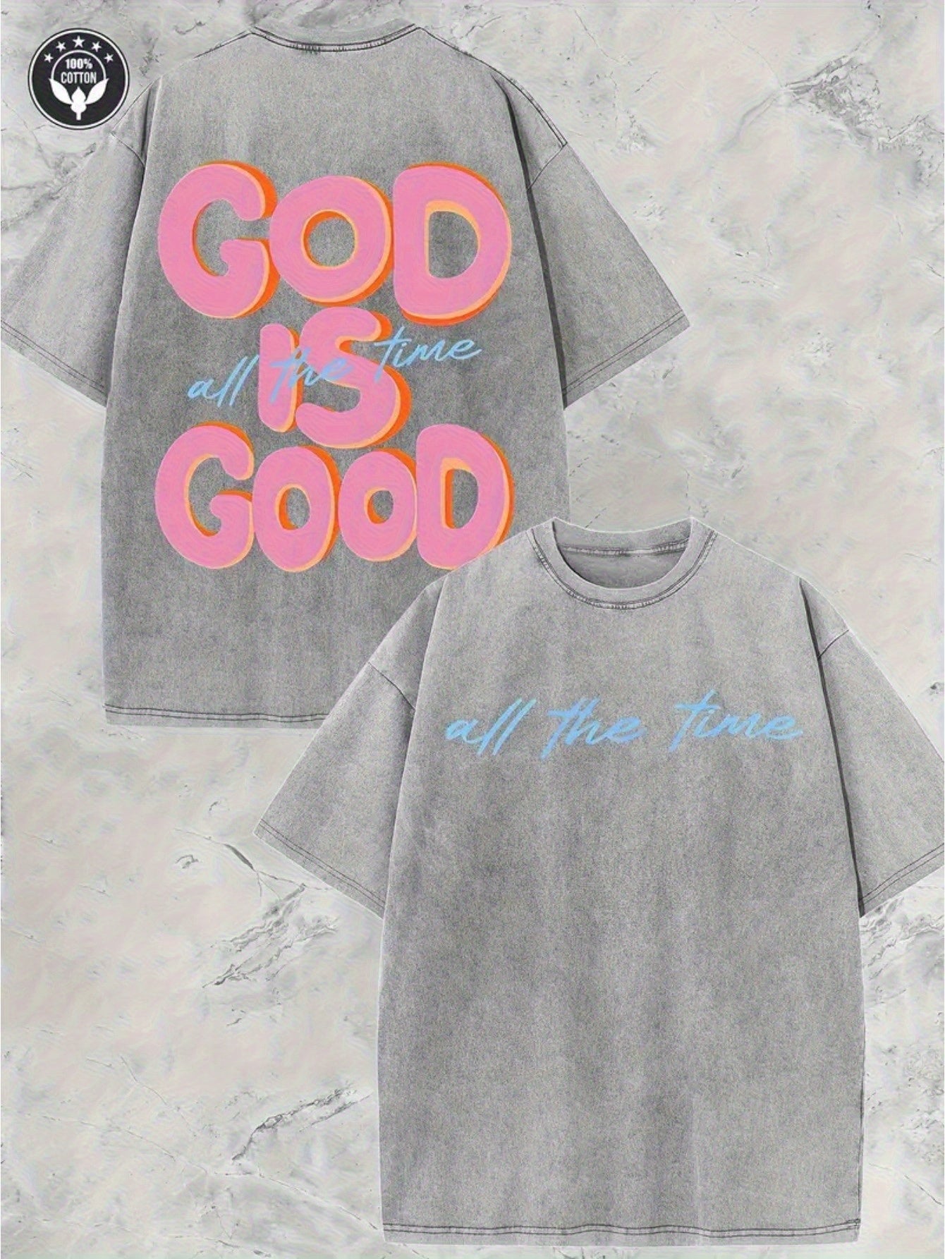 A 250G Washed Short-Sleeve Top with a Round Neck Featuring The Phrase 'GOD IS GOOD', Showcasing a Unique Double-Sided Design. This Is a New Collection for Spring And Summer Suitable for Both Men And Women