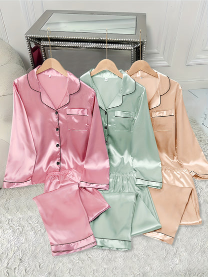 3pcs Women'S Satin Pajama Set - Casual Solid Color Long Sleeve Shirt & Elastic Waist Pants, Lapel Collar, Button Detail, Fall/Winter Sleepwear