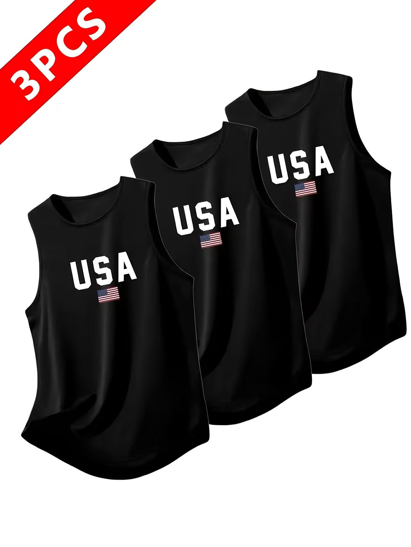 Three Summer Men's Quick-Dry, Moisture-Wicking, Breathable Vests, Sleeveless Tops Suitable for Running And Training, Featuring USA Letter Prints, Available In Various Color Combinations: Black, White, Gray