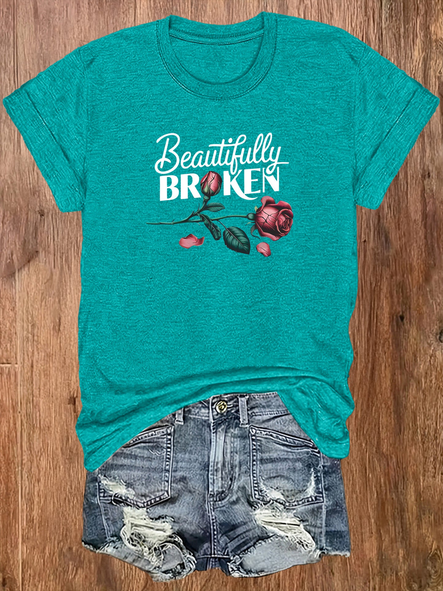 Ladies' European-Style Round Neck Short Sleeve T-Shirt for Summer, Lightweight and Breathable, Front and Back with Stylish Floral Prints and 'Beautifully Broken' Text, Perfect Comfort Fit for Daily Wear, A Versatile and Chic Choice for Laid-Back