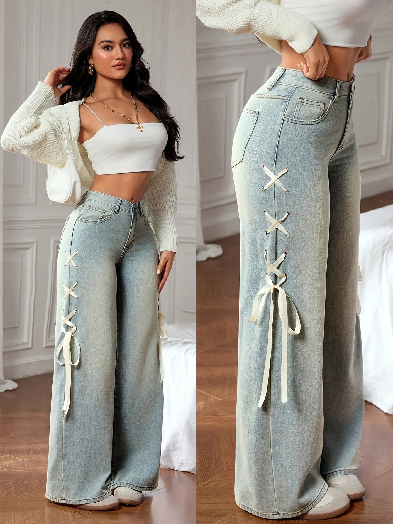 Women'S Fashion Bow-Tie Straight-Leg Jeans High-Waisted Relaxed-Fit Washed Stretch Denim Pants Casual Wide-Leg Trousers Trendy Y2K Street Style