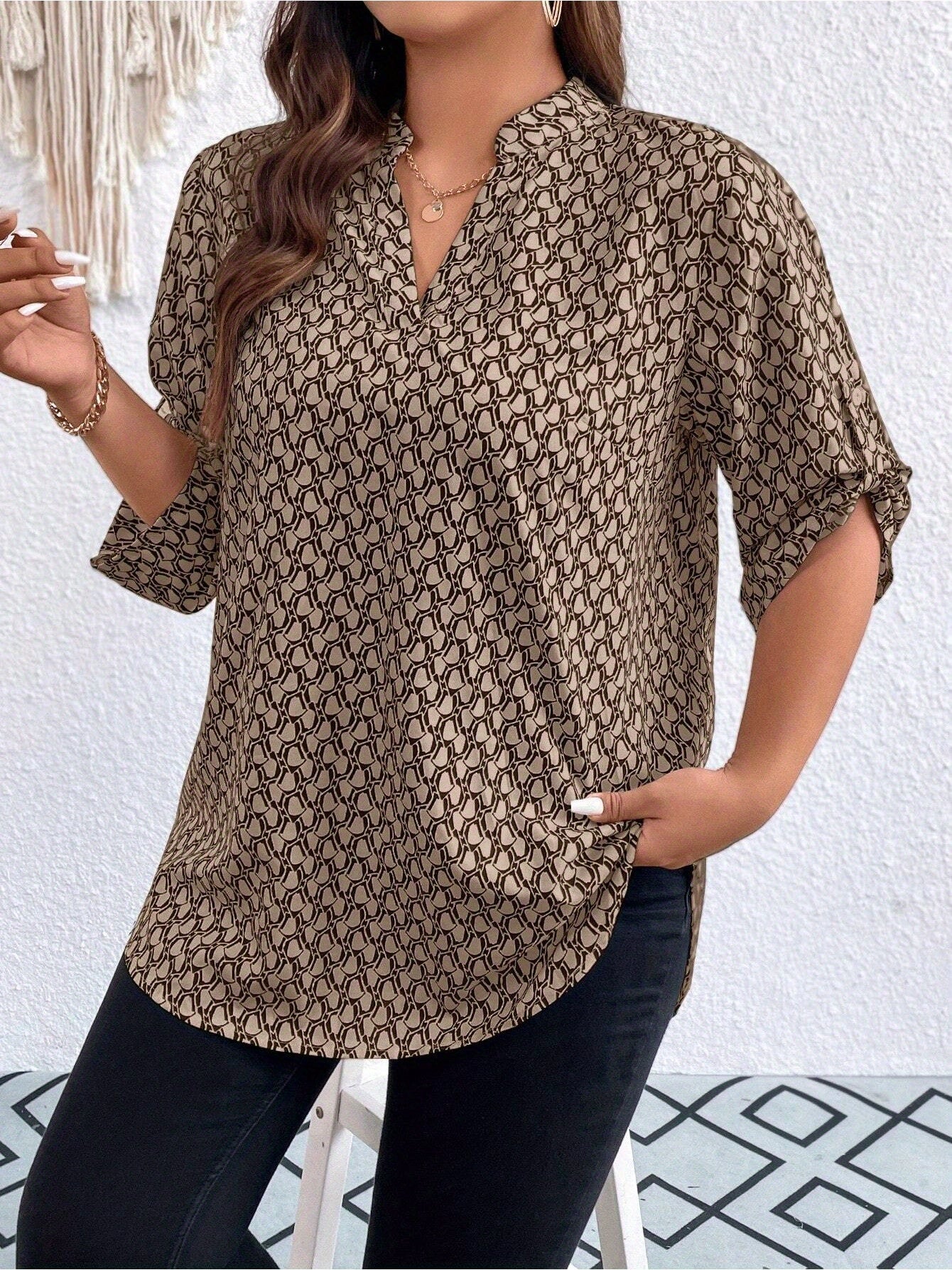 Plus Size, Plus Size Casual Top, Women's Plus Size Allover Print Roll Sleeve Split Neck Tunic Top