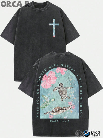 Men's Vintage Washed Pure Cotton T-Shirt - Oversized Streetwear Tee with Sea Turtle & Text Print ("I Will Be with You"), Loose Fit Casual Shirt, Machine Washable Soft Daily Wear