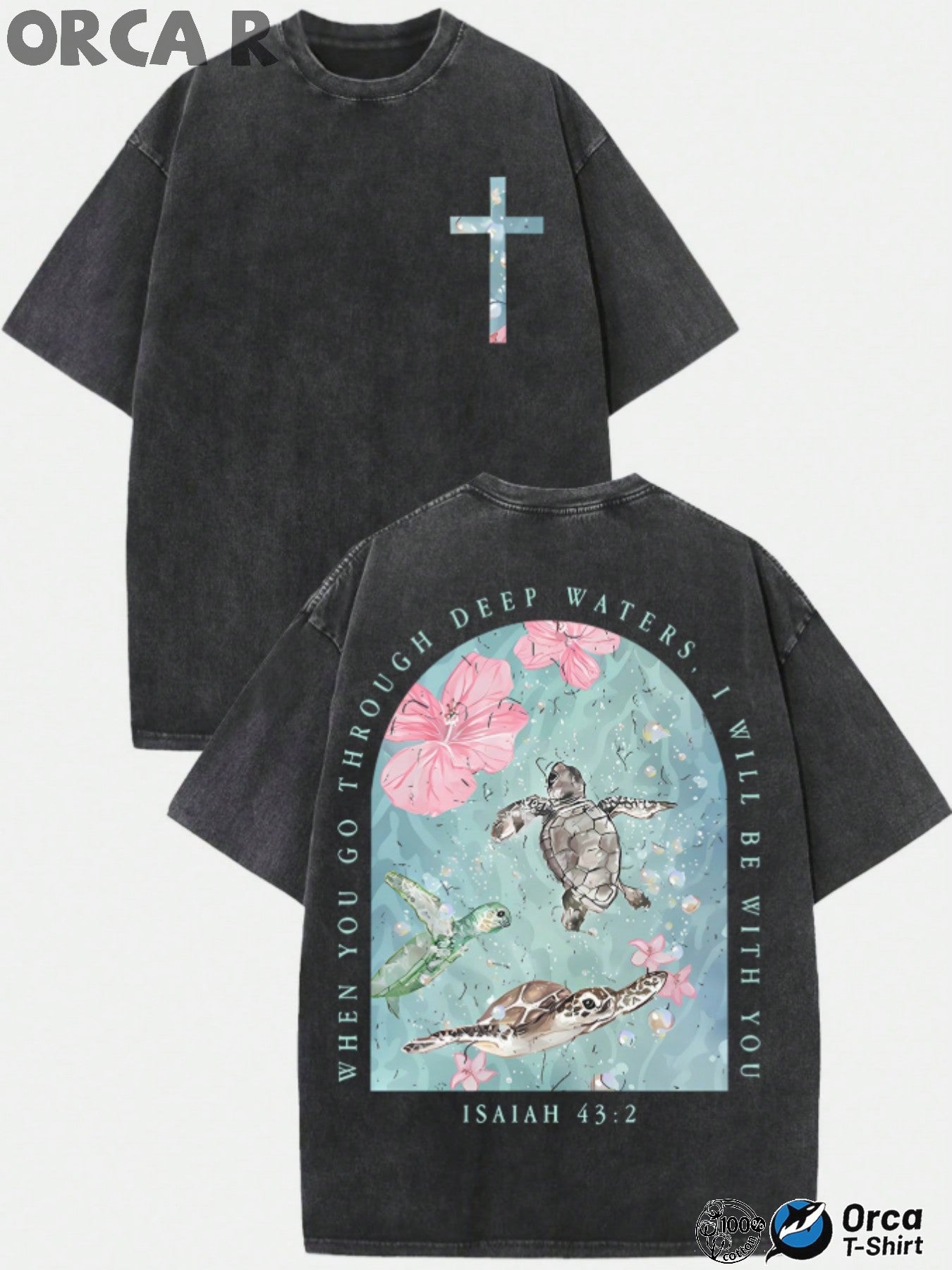 Men's Vintage Washed Pure Cotton T-Shirt - Oversized Streetwear Tee with Sea Turtle & Text Print ("I Will Be with You"), Loose Fit Casual Shirt, Machine Washable Soft Daily Wear