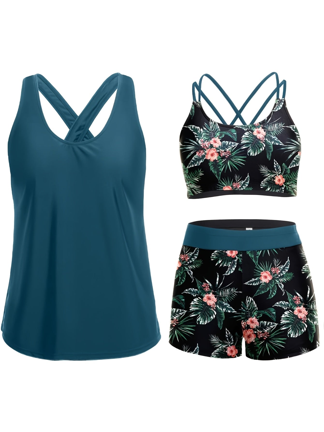 Women'S Tummy Control Tank Bikini Three-Piece Set (Including Bra Top + Shorts) - Separates Swimsuit for Women And Juniors