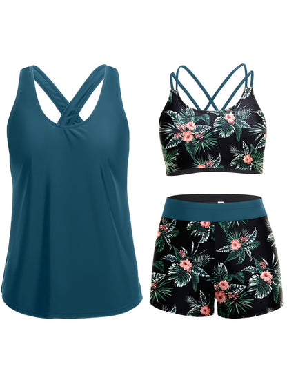 Women'S Tummy Control Tank Bikini Three-Piece Set (Including Bra Top + Shorts) - Separates Swimsuit for Women And Juniors