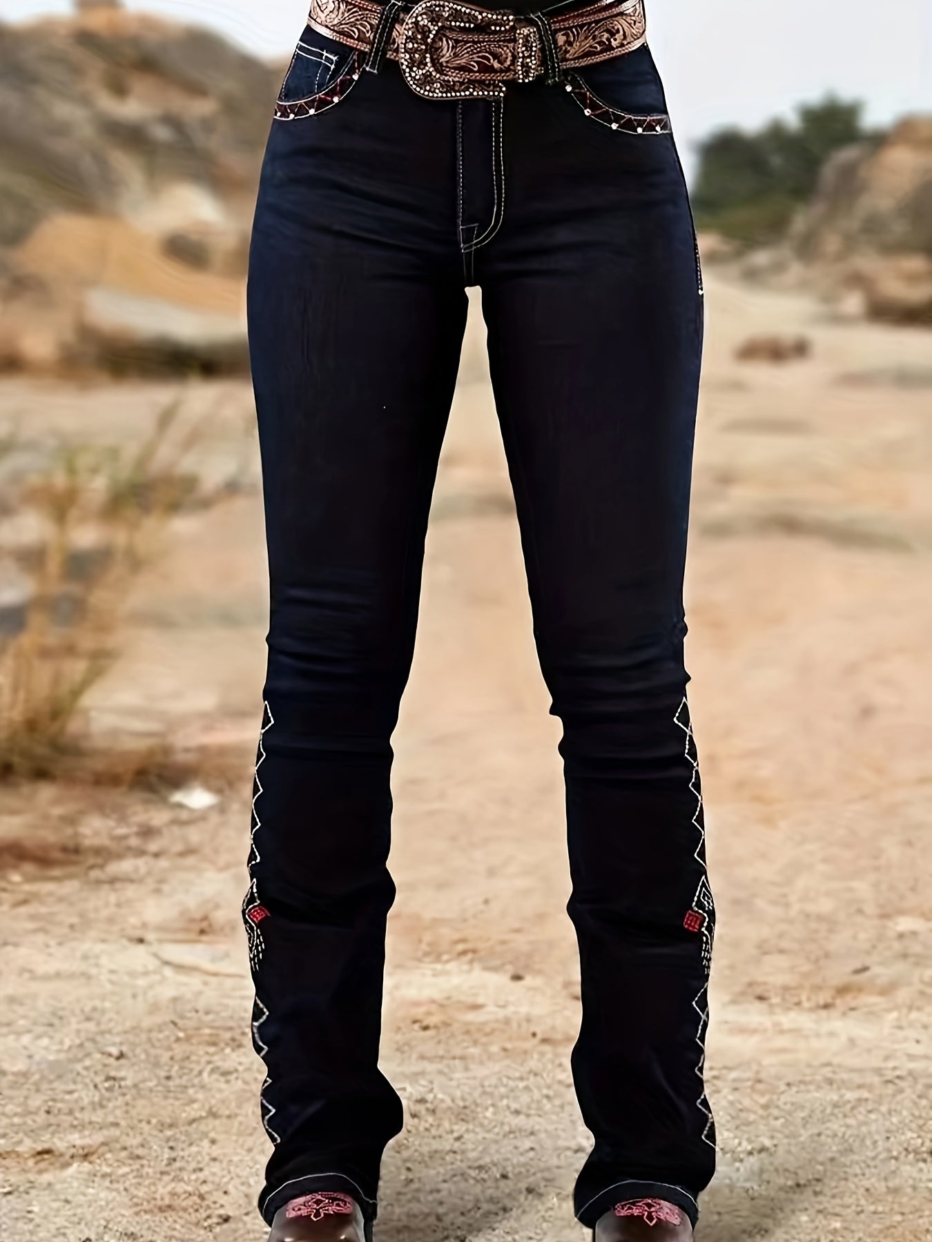 HME Autumn/Winter New Arrival - Women's Stretch Flared Fashion Pants with Contrast Stitching and Embroidery, Stylish and Elegant Classic Vintage Blue, Suitable for All Seasons, Women's Long Pants, No Belt Included