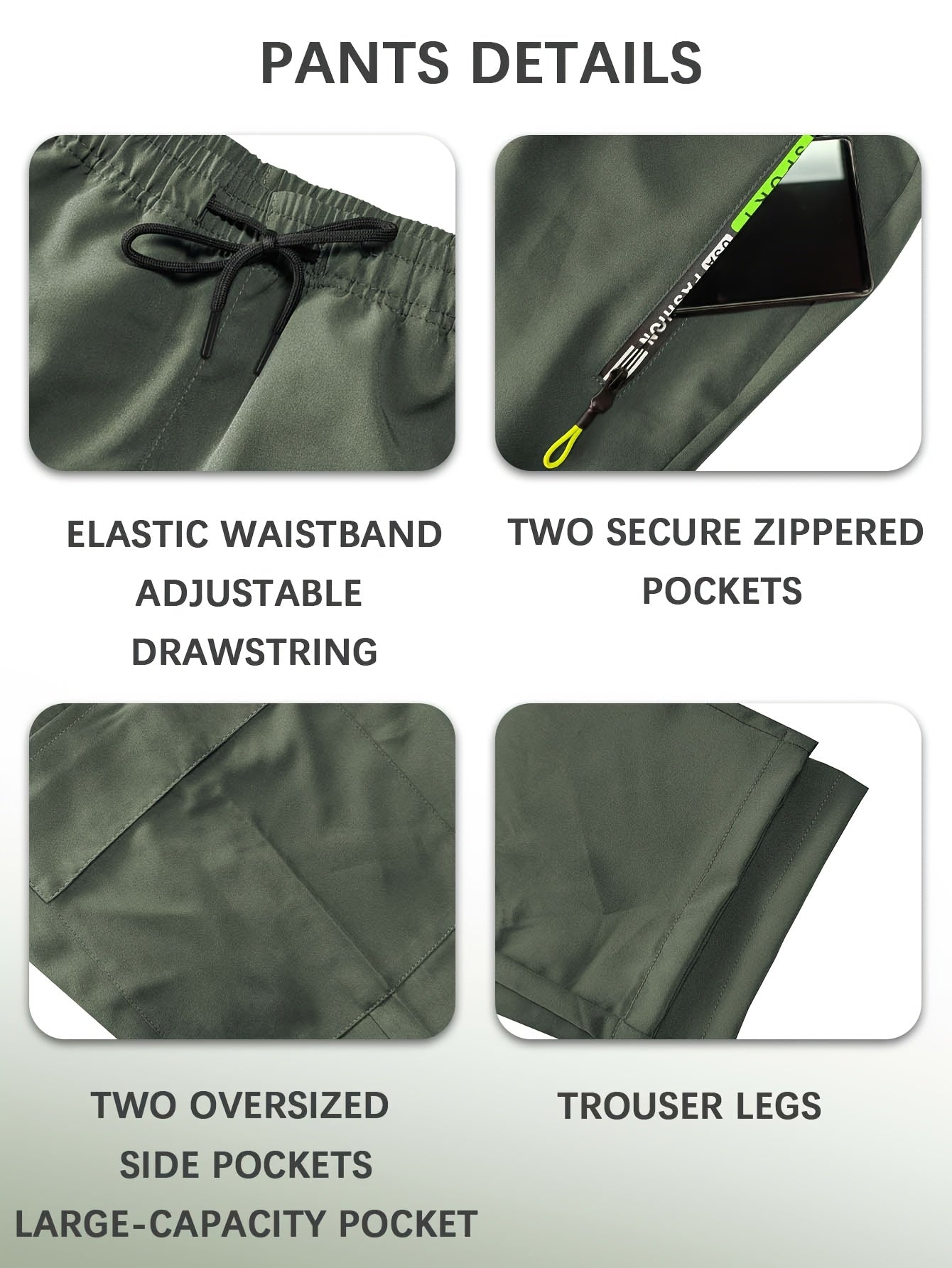 Women'S Heavy-Duty Cargo Pants with Multi-Zipper Pockets & Neon Green Zippers - Belt-Like Waist Drawstring, Full-Length Trousers for Outdoor, Travel - Casual Pants (Neon Green Accent, Spring/Fall) - No-Leg-Slip Design