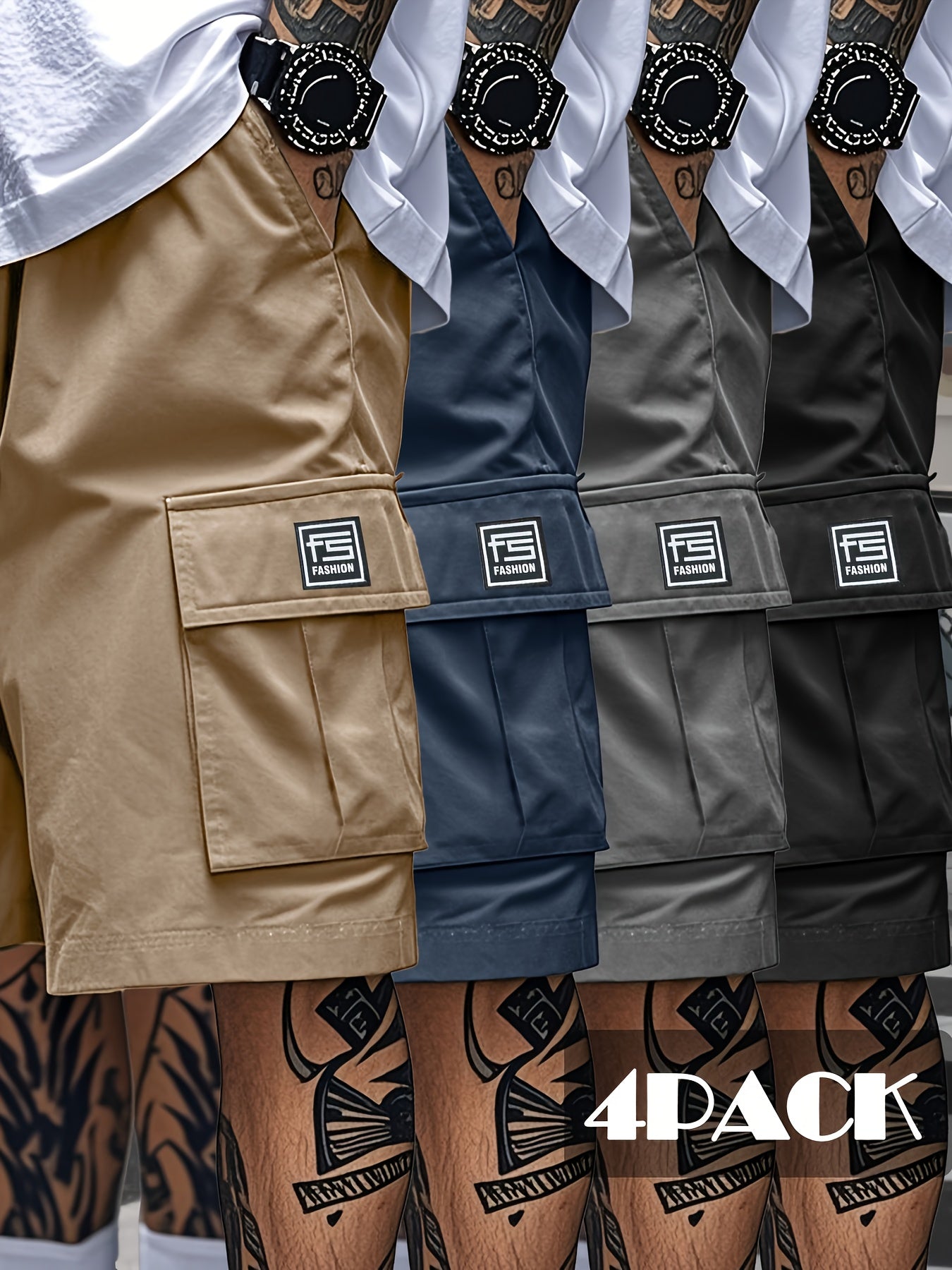 Men's Black + Gray + Blue + Khaki Polyester Shorts - product view 7