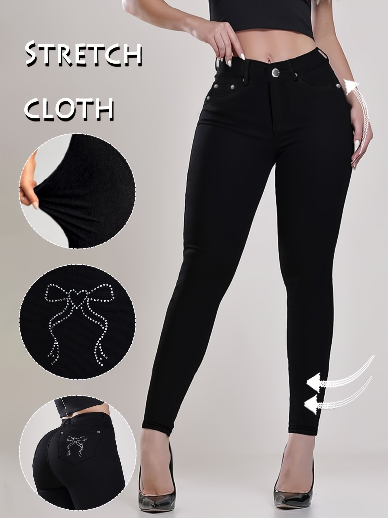 Women's Black High-Waisted Skinny Jeans - Stretchy Fabric, Button Accents, Multiple Pockets, Long Length, Casual Street Style, Allseason Pants, Casual Wear|Stylish Highwaist Jeans|Stretchy Fabric