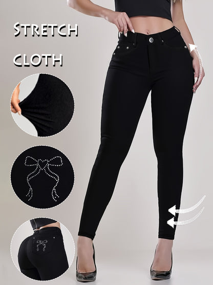 Women's Black High-Waisted Skinny Jeans - Stretchy Fabric, Button Accents, Multiple Pockets, Long Length, Casual Street Style, Allseason Pants, Casual Wear|Stylish Highwaist Jeans|Stretchy Fabric