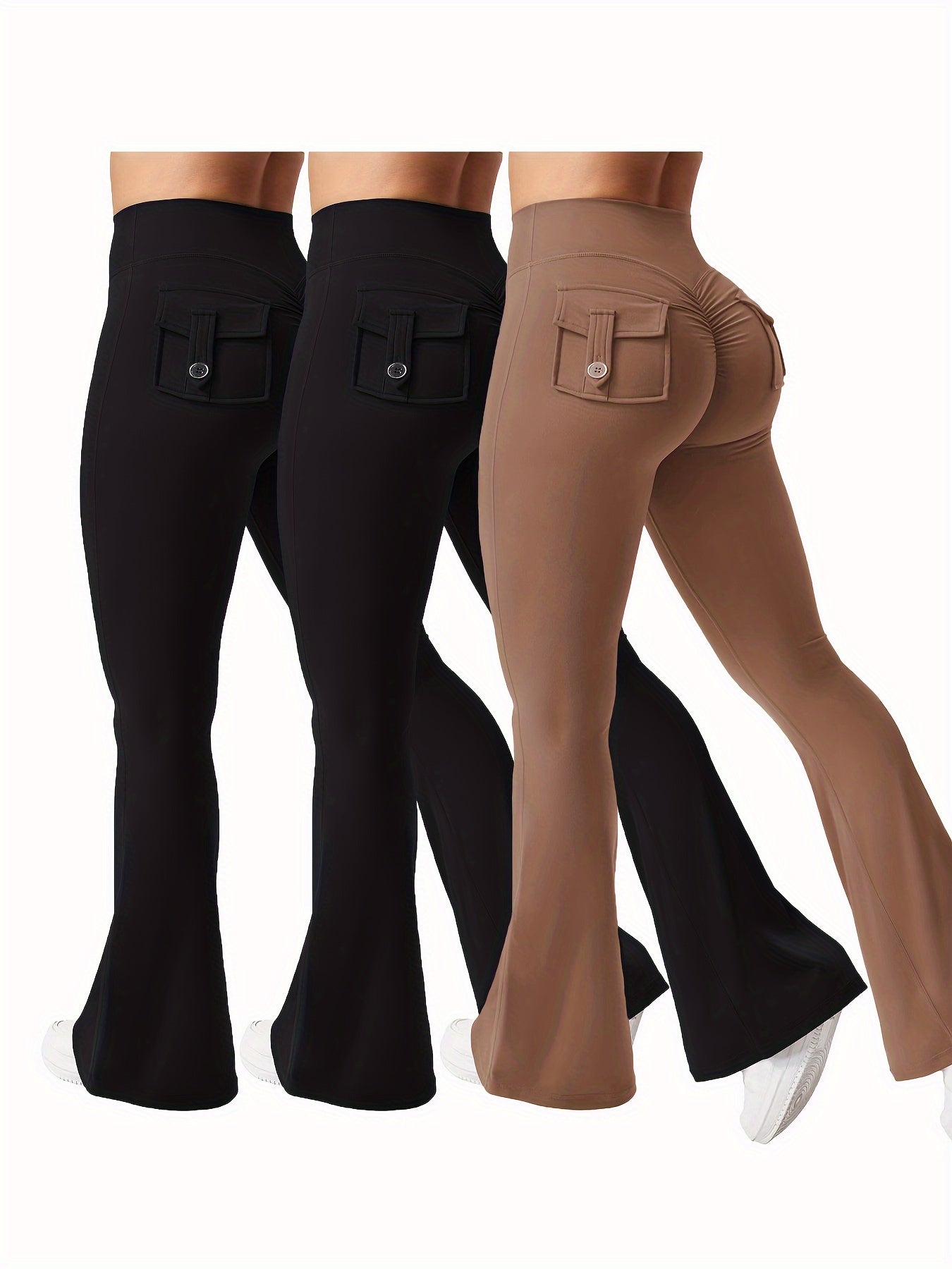 Christmas Apparel, Halloween 3pcs Set in Black, Gray, and Green: Fashionable Workwear-Style Flared Pants, Women's Casual Flared Pants, High-Waist Pocket Joggers, Workwear-Style Peach Butt Pants, Quick-Dry Sports Tummy Control Butt-Lifting Flared