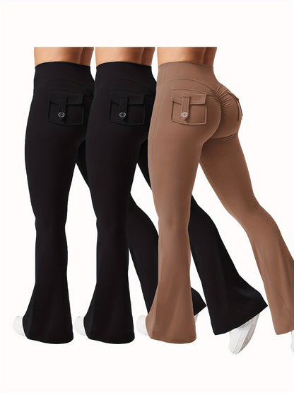 Christmas Apparel, Halloween 3pcs Set in Black, Gray, and Green: Fashionable Workwear-Style Flared Pants, Women's Casual Flared Pants, High-Waist Pocket Joggers, Workwear-Style Peach Butt Pants, Quick-Dry Sports Tummy Control Butt-Lifting Flared