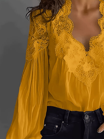 Plus Size, Spring and Summer Women's Bubble Sleeve Lace Splicing Shirt, Comfortable Fabric, Machine Washable