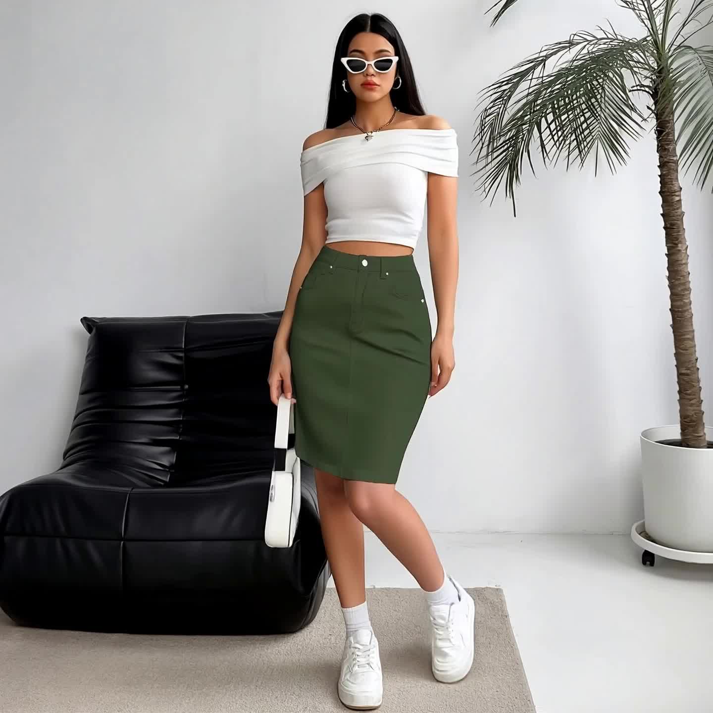 Women Green Denim Midi Skirt High Waisted Pencil Skirt Slim Fit Casual Everyday Denim Skirt with Back Slit Five Pocket Design Solid Color Classic Street Style Versatile Womens Denim Skirts for Women Knee Length Green Denim Skirts Soft Stretch Fabric